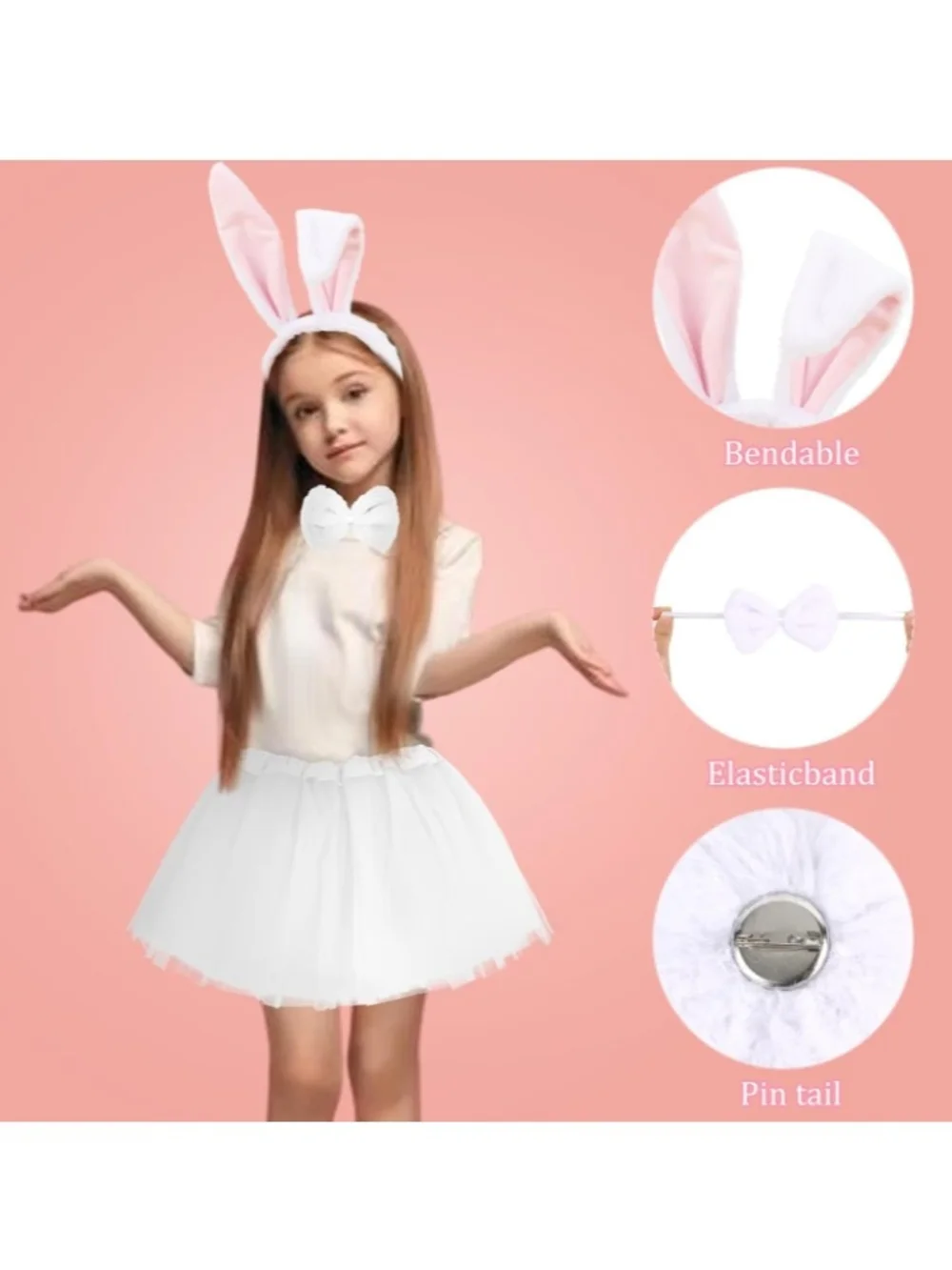 Kids Bunny Costume 4 Piece Set - White Tutu, Pink Ears, Bow Tie & Tail NWT